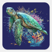 Sticker Carré Style d'aquarelle sous-marine de tortue marine (Devant)