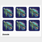 Sticker Carré Style d'aquarelle sous-marine de tortue marine (Feuille)