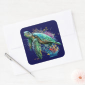 Sticker Carré Style d'aquarelle sous-marine de tortue marine (Enveloppe)