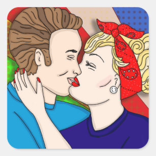 Sticker Carré Style Pop Art Couple Kissing 1950