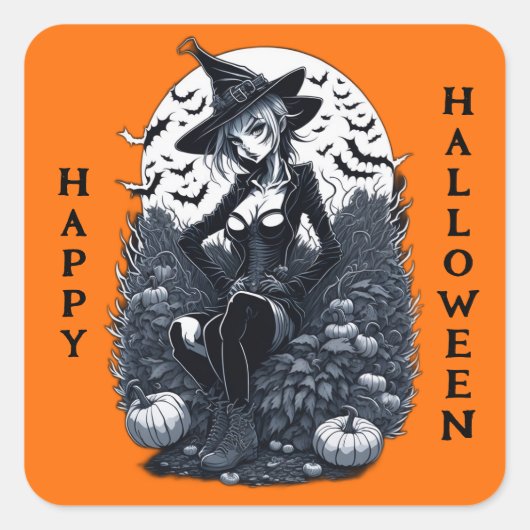 Sticker Carré Style Tatouage Moonlit Sorcière Pumpkin Patch (Devant)