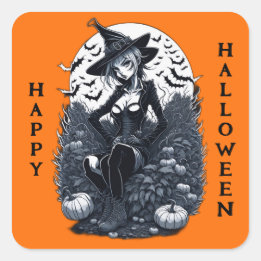 Sticker Carré Style Tatouage Moonlit Sorcière Pumpkin Patch