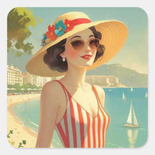 Sticker Carré Style vintage Côte d'Azur Beach Girl