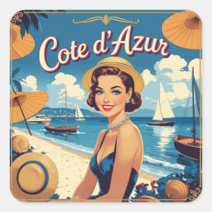 Sticker Carré Style vintage Côte d'Azur Beach Girl