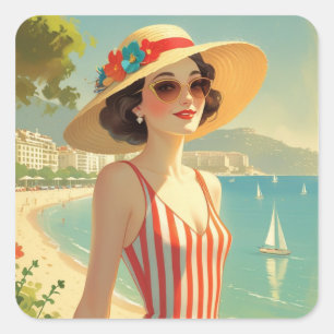 Sticker Carré Style vintage Côte d'Azur Beach Girl
