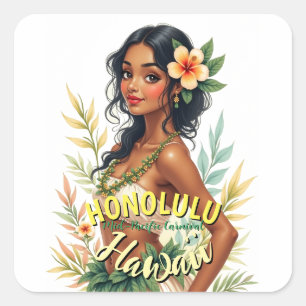 Sticker Carré Style vintage Hawaii Voyage Honolulu Hula Girl