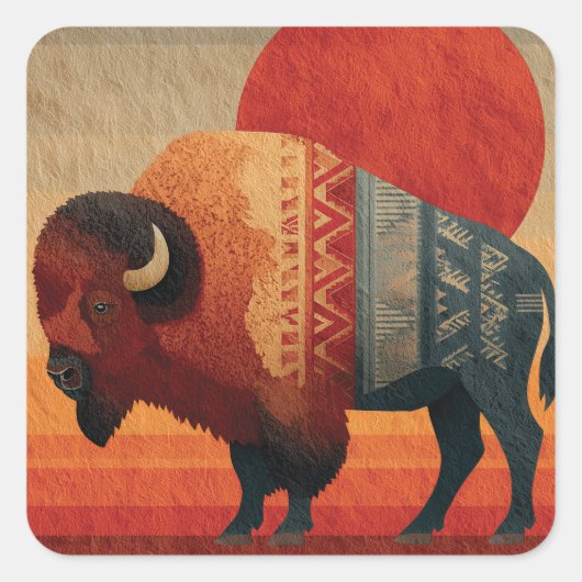 Sticker Carré Stylized Bison with Native American Patterns  (Devant)