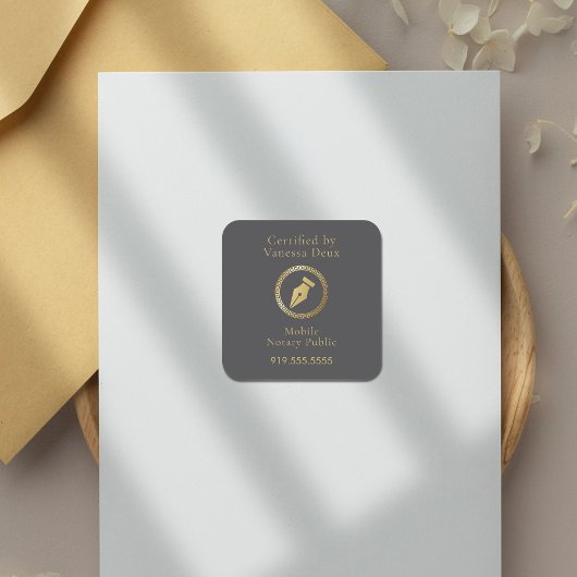 Sticker Carré Stylo Notaire Gris & Or Moderne Certifié par