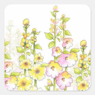 Sticker Carré Stylo rose jaune et aquarelle Champ de Hollyhocks