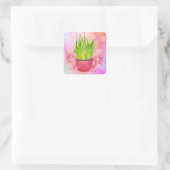 Sticker Carré Succulente Vert Aquarelle aux Pointes Roses (Sac)
