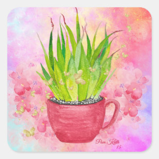 Sticker Carré Succulente Vert Aquarelle aux Pointes Roses