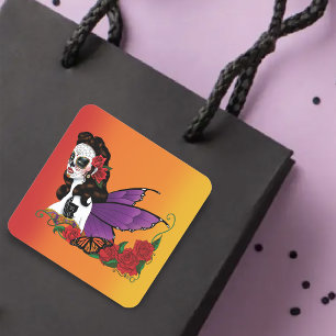 Sticker Carré Sucre de Fée Crâne Violet Ailes Roses Coucher de S