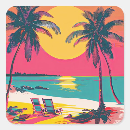 Sticker Carré Summer Beach Vibe Rétro Surfer Palm Trees coucher  (Devant)