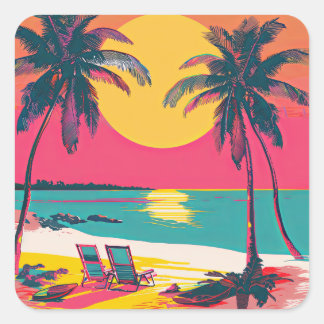 Sticker Carré Summer Beach Vibe Rétro Surfer Palm Trees coucher 