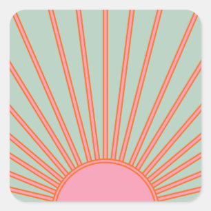 Sticker Carré Sun Sunrise Green And Pink Abstract Retro Sunshine