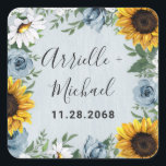 Sticker Carré Sunflower Dusty Blue Country Rustic Roses Wedding<br><div class="desc">Design features a dusty blue/gray wood grain background with a cruath made of sunflowers,  daisies,  roses in dusty blue shades,  baby's breath over various types of botanical color greenery elements.</div>