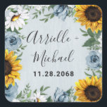 Sticker Carré Sunflower Dusty Blue Country Rustic Roses Wedding<br><div class="desc">Design features a dusty blue/gray wood grain background with a cruath made of sunflowers,  daisies,  roses in dusty blue shades,  baby's breath over various types of botanical color greenery elements.</div>