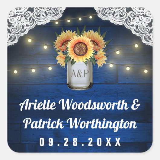 Sticker Carré Sunflower Mason Jar Blue Wood Wedding Favoriser (Devant)