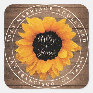 Sticker Carré Sunflower Rustic Grange Wood Mariage Adresse de re