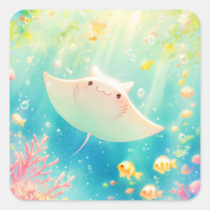 Sticker Carré Sunlit Manta Ray Gliding Through the Reef