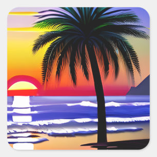 Sticker Carré Sunset et Palm Tree Beach ARt