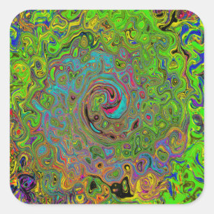 Sticker Carré Super Abstrait Retro Lime Green et Blue Swirl