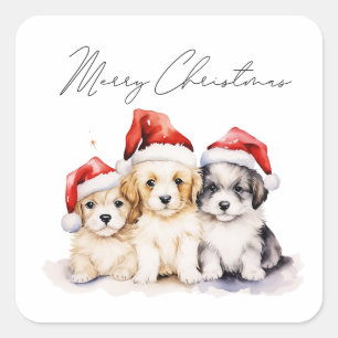 Sticker Carré Super mignon chiots de Noël