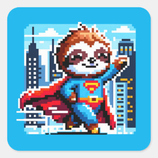 Sticker Carré Super Sloth Funny Pixel Art Hero Design de paysage