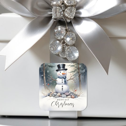 Sticker Carré Superbe Superbe Snowman Forêt Paysagère Gelée