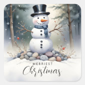 Sticker Carré Superbe Superbe Snowman Forêt Paysagère Gelée (Devant)