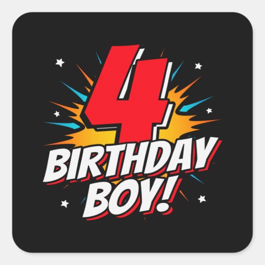 Sticker Carré Superhero Anniversaire Garçon - 4 ans - 4e anniver (Devant)