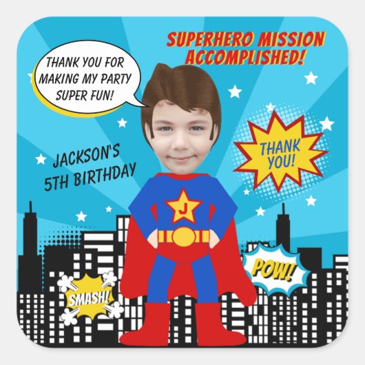 Sticker Carré Superhero Comic Style de livre Boy Birthday Photo (Devant)