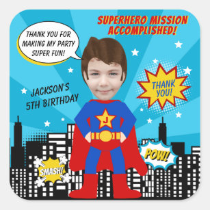 Sticker Carré Superhero Comic Style de livre Boy Birthday Photo