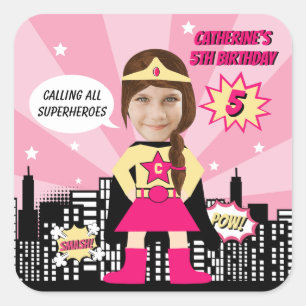 Sticker Carré Superhero Comic Style de livre Girl Birthday Photo