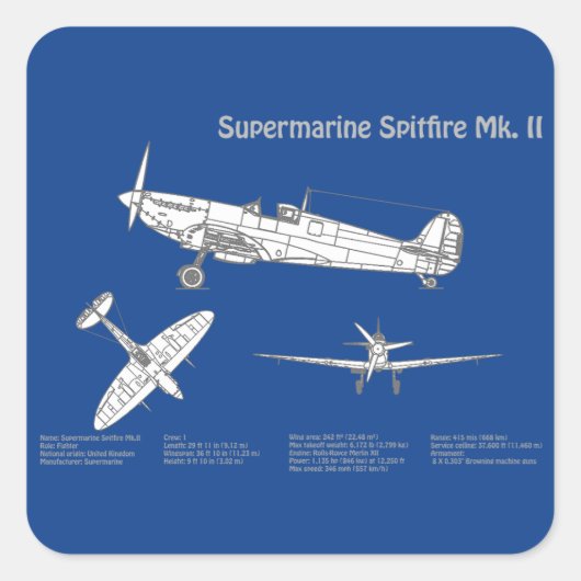 Sticker Carré Supermarine Spitfire - Plan d'avion ABD (Devant)