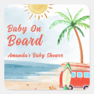 Sticker Carré Surf Beach Bébé À Bord Baby shower