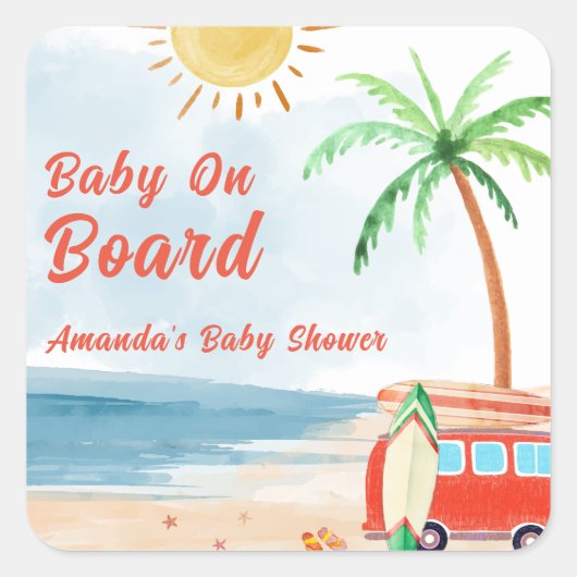 Sticker Carré Surf Beach Bébé À Bord Baby shower (Devant)