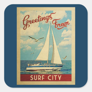Sticker Carré Surf City Voilier Vintage voyage New Jersey