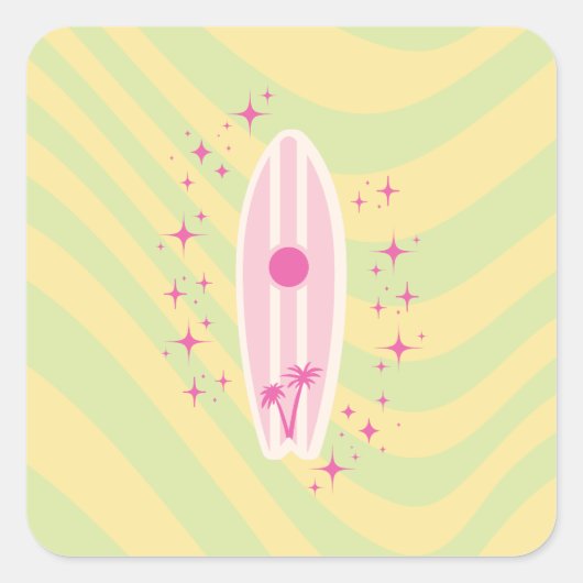 Sticker Carré Surf Jaune et Rose, Beach Art, Preppy (Devant)