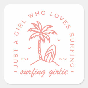 Sticker Carré Surf juste une fille qui aime surfer girlie rose