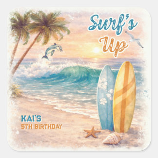 Sticker Carré Surf’s Up Retro Beach Birthday Party