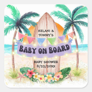 Sticker Carré Surf & Sea Bébé à Bord Baby Shower de plage