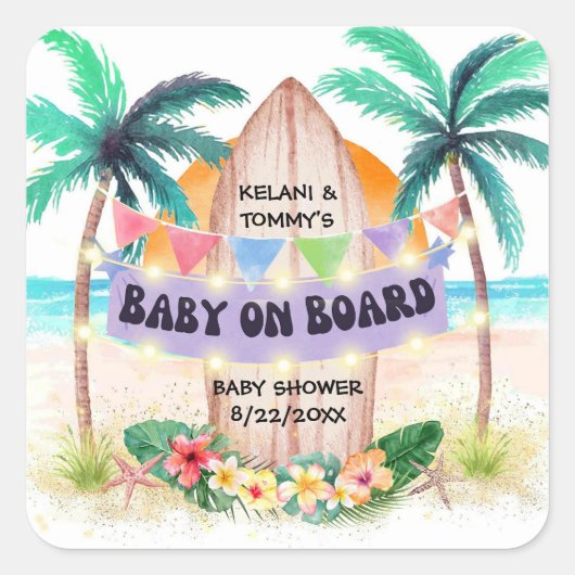 Sticker Carré Surf & Sea | Bébé à bord Baby Shower plage (Devant)