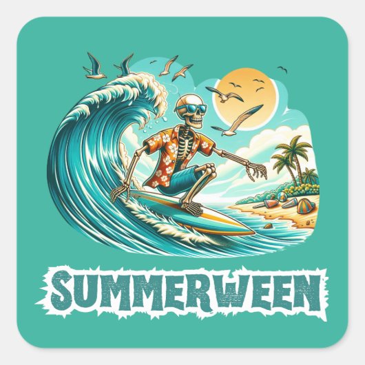 Sticker Carré Surf Skeleton Summerween Beach Vibes (Devant)