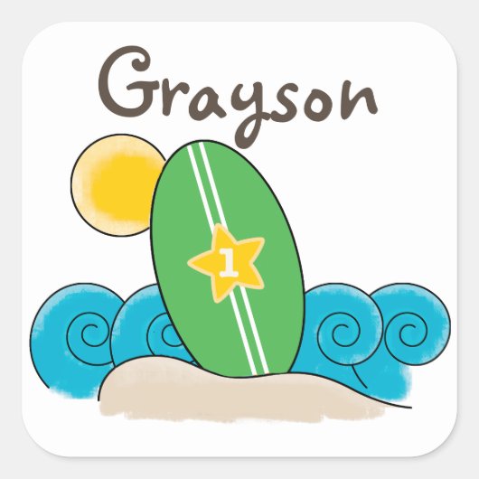 Sticker Carré Surfboard Waves First Birthday Party Favoriser (Devant)