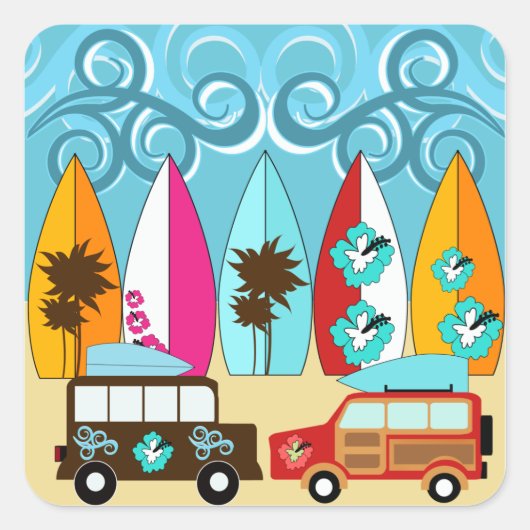 Sticker Carré Surfboards Beach Bum Surfing Hippie Vans (Devant)