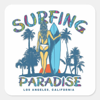 Sticker Carré Surfer Girl Vintage Californie