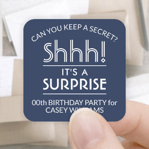 Sticker Carré Surprise Anniversaire Fête Stylé Marine Bleu & Bla