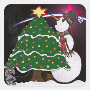 Sticker Carré Surprise Bonhomme de Neige de Noël Vacances