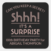 Sticker Carré Surprise fête d'anniversaire Shhh! Rose et noir él (Devant)